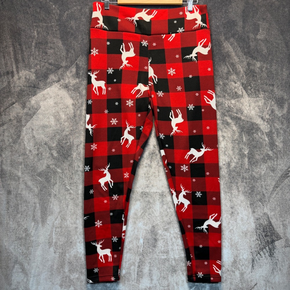 No Boundaries Leggings Womens XL Red Polyester Spandex Buffalo Plaid Reindeer